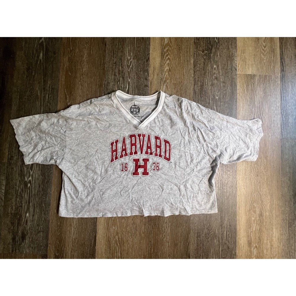 Harvard University Cropped T-Shirt Womens Large Gray V-Neck Collegiate Graphic